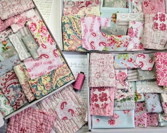 Box of Vintage Fabrics and Quilt Pieces,  Robins Egg & Pink Bundle For Slow Stitching and Journaling ,Fabric Scraps.