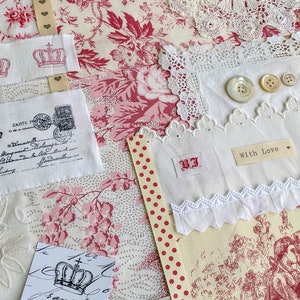 Slow Stitch Kit- Vintage French Fabric Toile De Jouy Bundle , Antique Linen and Lace for Slow Stitching and Journaling