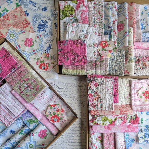 Box of Vintage French Fabrics and Old Quilt Pieces Bundle For Slow Stitching and Journaling Fabric Scraps.
