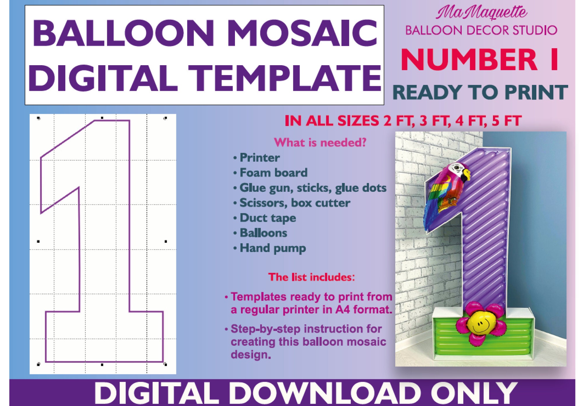 Number 1 balloon mosaic template Number One from balloons DIY Etsy