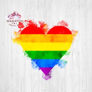 May include: A watercolor painting of a rainbow heart on a white wood background. The heart is made up of the colors of the rainbow flag, with red at the top and violet at the bottom. The text "WASATCH PRINT CO." is in the upper left corner of the image.