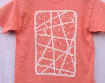 Orange Mens Size XL Abstract Geometric Design Hand-Painted Wax Batik T-Shirt