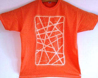 Orange Mens Size XL Abstract Geometric Design Hand-Painted Wax Batik T-Shirt