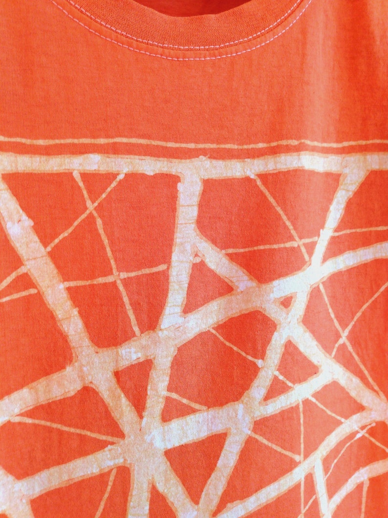 Orange Mens Size XL Abstract Geometric Design Hand-Painted Wax Batik T-Shirt