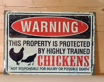 Protected by Chickens Metal Sign 290x200mm, Man cave Woman Cave Garage Shed Display Birds Foul Christmas