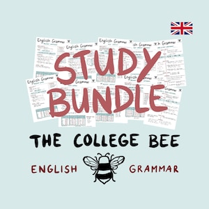 May include: A study bundle of English grammar worksheets with the text "STUDY BUNDLE" in large red letters. The text "THE COLLEGE BEE ENGLISH GRAMMAR" is below the worksheets. A cartoon bee is between the words "ENGLISH" and "GRAMMAR".