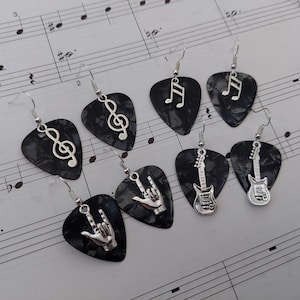 Silver Music Charm and Plectrum Dangle Drop Hook Earrings - Gift For Her, Music Teacher Gift, Music Themed Gifts for Musician