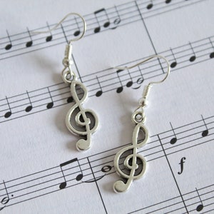 Silver Treble Clef Music Note Dangle Drop Hook Earrings - Gift For Her, Music Teacher Gift, Music Themed Gifts for Musician