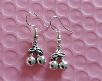 Cherry Earrings - Silver Dangle Drop Hook Earrings - Gift For Her, Fruit Earrings, Cherries, Fruit Jewellery - Earrings For Summer