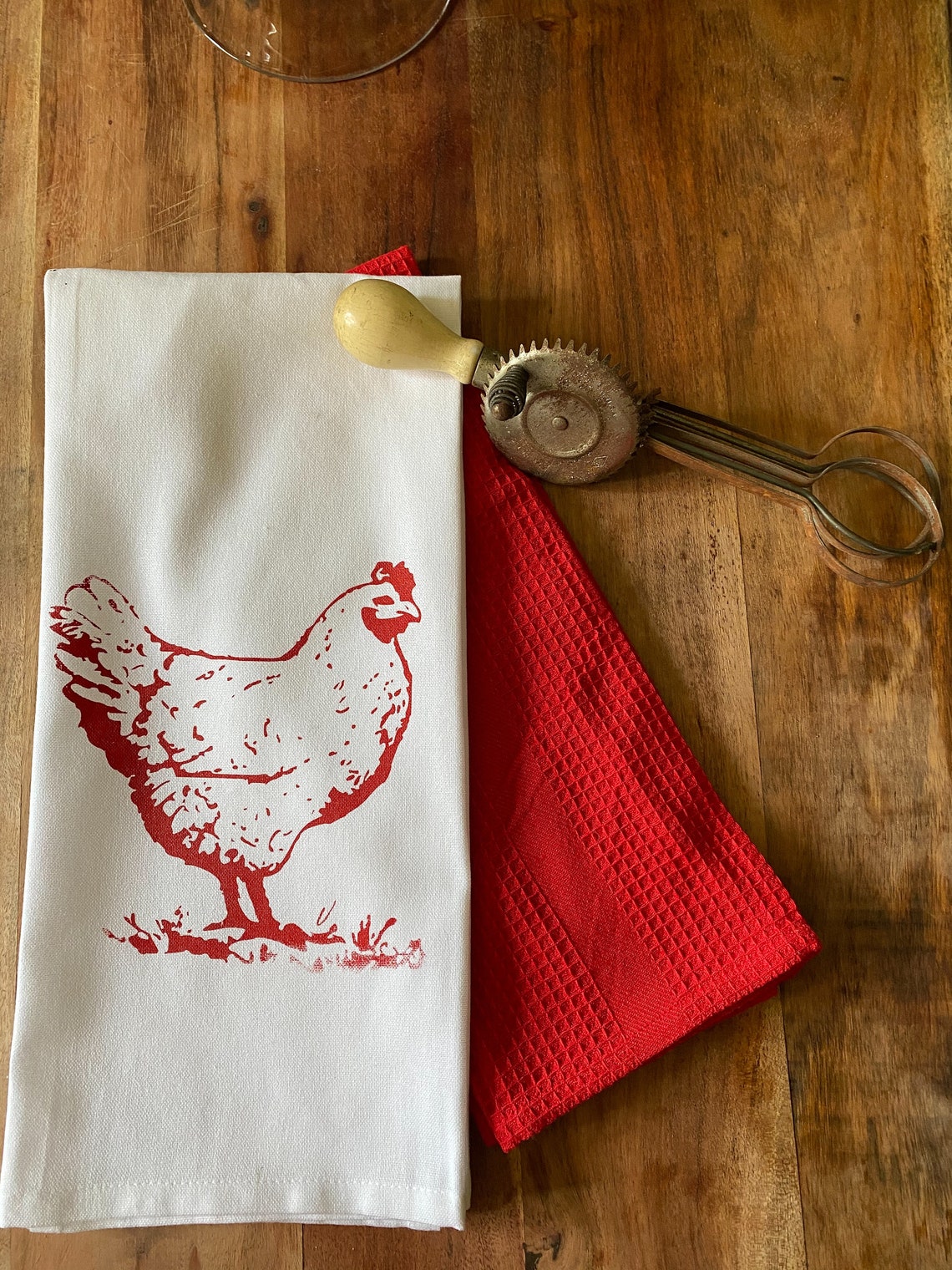 Set of Two Custom Tea Towels, Hand Printed. Hen, Farmhouse Style