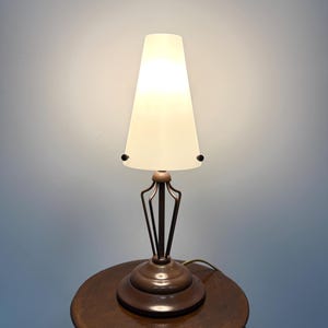Vintage Table Lamp, Space Age Postmodern, White Glass Shade, Metal Frame, Brown & White, Mid Century Modern Desk or Bedside Light