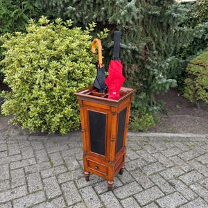 Vintage Wooden Umbrella Stand with 4 Compartments, Antique Look, Rolling Design with Wheels, Removable Drawer for Water Disposal