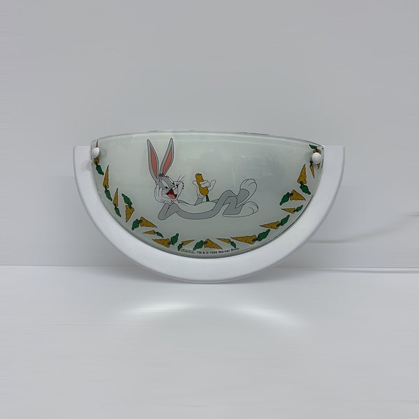 Vintage 1990s Bugs Bunny Wall Lamp, Glass Metal Design, Looney Tunes Cartoon, Bed Reading Lamp