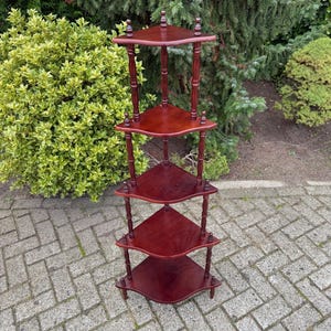 5-Tier Vintage Wooden Corner Table Etagere, Antique Style Display Shelf for Collectibles and Curiosities, Rustic Home Decor Accent
