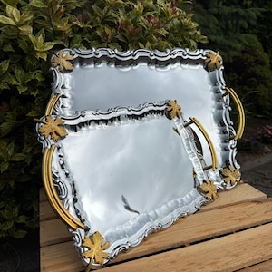 Vintage Silver Metal Serving Trays, Gold Handles, Two-Tone Leaf Design, Decorative Tableware, Maple Leaf Trays, Kitchen Decor