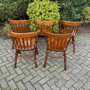 1 of 5 Farmhouse Style Chairs, Kitchen Dining Room Chair, Windsor Captains Seat Design, Wooden Lacquered Details image 3