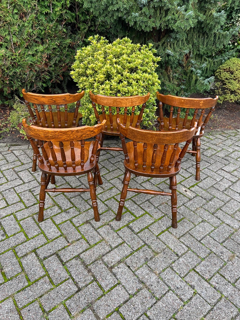 1 of 5 Farmhouse Style Chairs, Kitchen Dining Room Chair, Windsor Captains Seat Design, Wooden Lacquered Details image 3