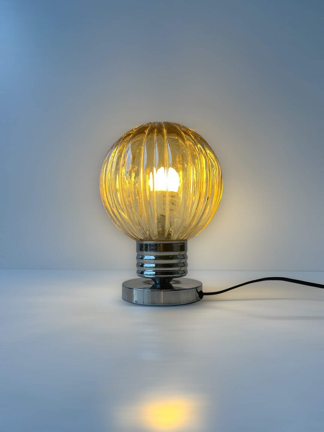 Glass and Chrome Art Deco Table Lamp, Round Sphere Ball Lamp, Yellow