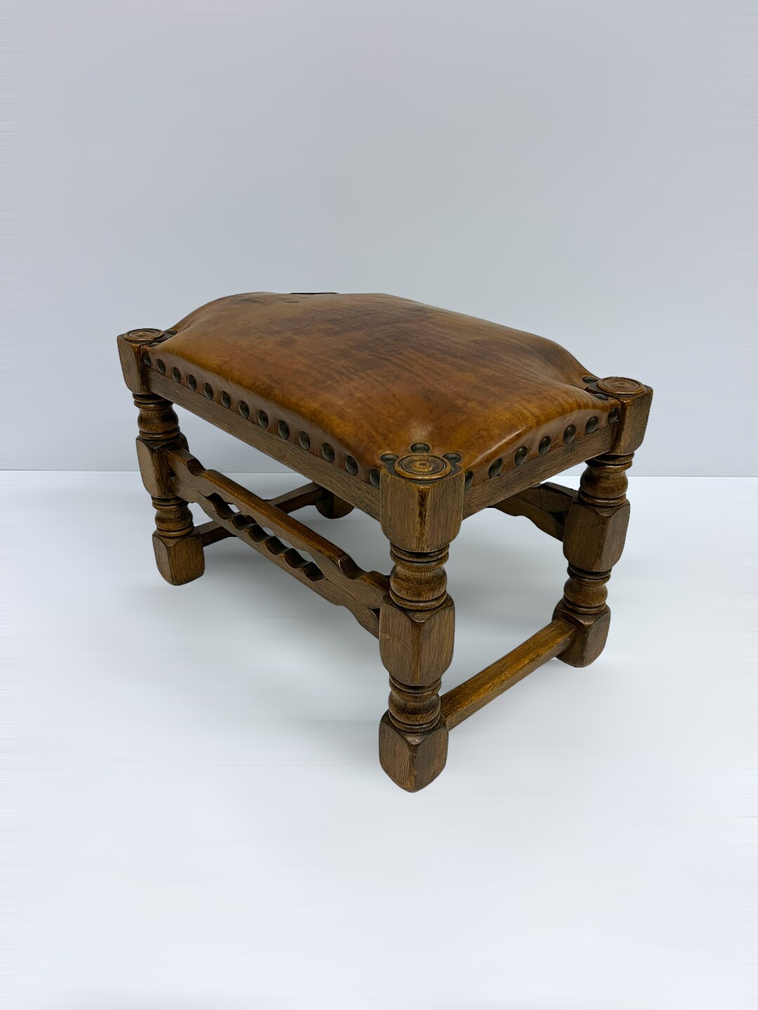 Vintage Wooden Leather Stool, Mid Century Design Footrest, Spanish