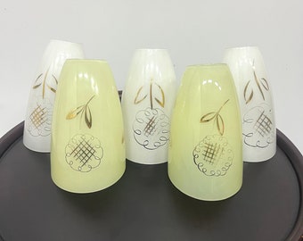 Set of 5 Mid Century Lamp Shades, Yellow and white Glass Replacement Part, Floral Details, MCM Interior Lamp Parts