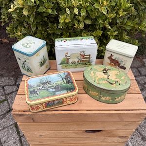 Vintage Tin Box Collection, Metal Storage Tins With Animal And Farm Illustrations, Decorative Kitchen Containers, Dutch Collectible Tins
