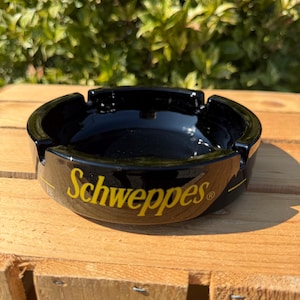 Vintage Schweppes Black Opal Glass Ashtray, Yellow Logo, Bar Advertising Collectible, 1970s Barware, Tobacco Lounge Decor