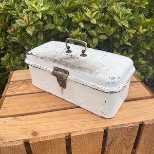 May include: A vintage white metal toolbox with a hinged lid and a metal handle. The toolbox has a clasp closure and shows signs of wear, suggesting it's been used. It sits on a wooden crate against a backdrop of green foliage.