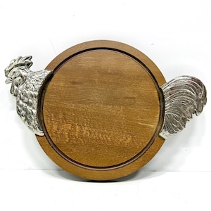 Vintage Wooden Serving Tray, Metal Chicken Design, Round Serving Board, Rustic Kitchen Decor, Farmhouse Tableware, Made in West Germany