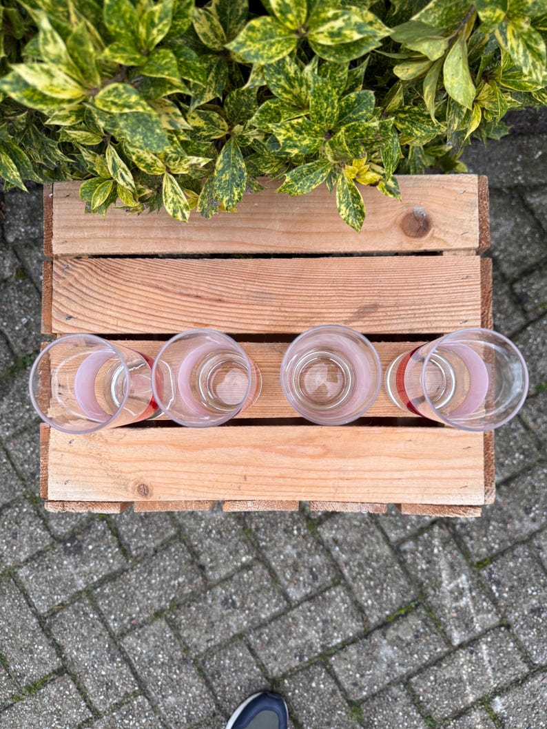 May include: Four clear drinking glasses with a pink stripe design, arranged on a wooden pallet. The glasses are empty and sit on a light brown wooden surface. Green and yellow foliage is visible in the background.
