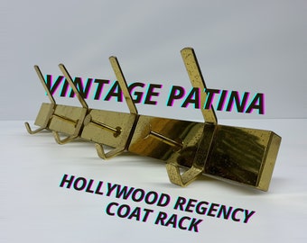 Hollywood Regency Coat Rack, Shiny Gold Brass Wall Hooks, Vintage Patina and Wear, Mid Century Design Furniture