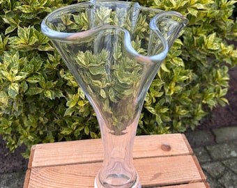 Glass Handkerchief Vase Tall Clear Sculptural Form, Vintage Blown Flower Display Decor, Interior Centerpiece