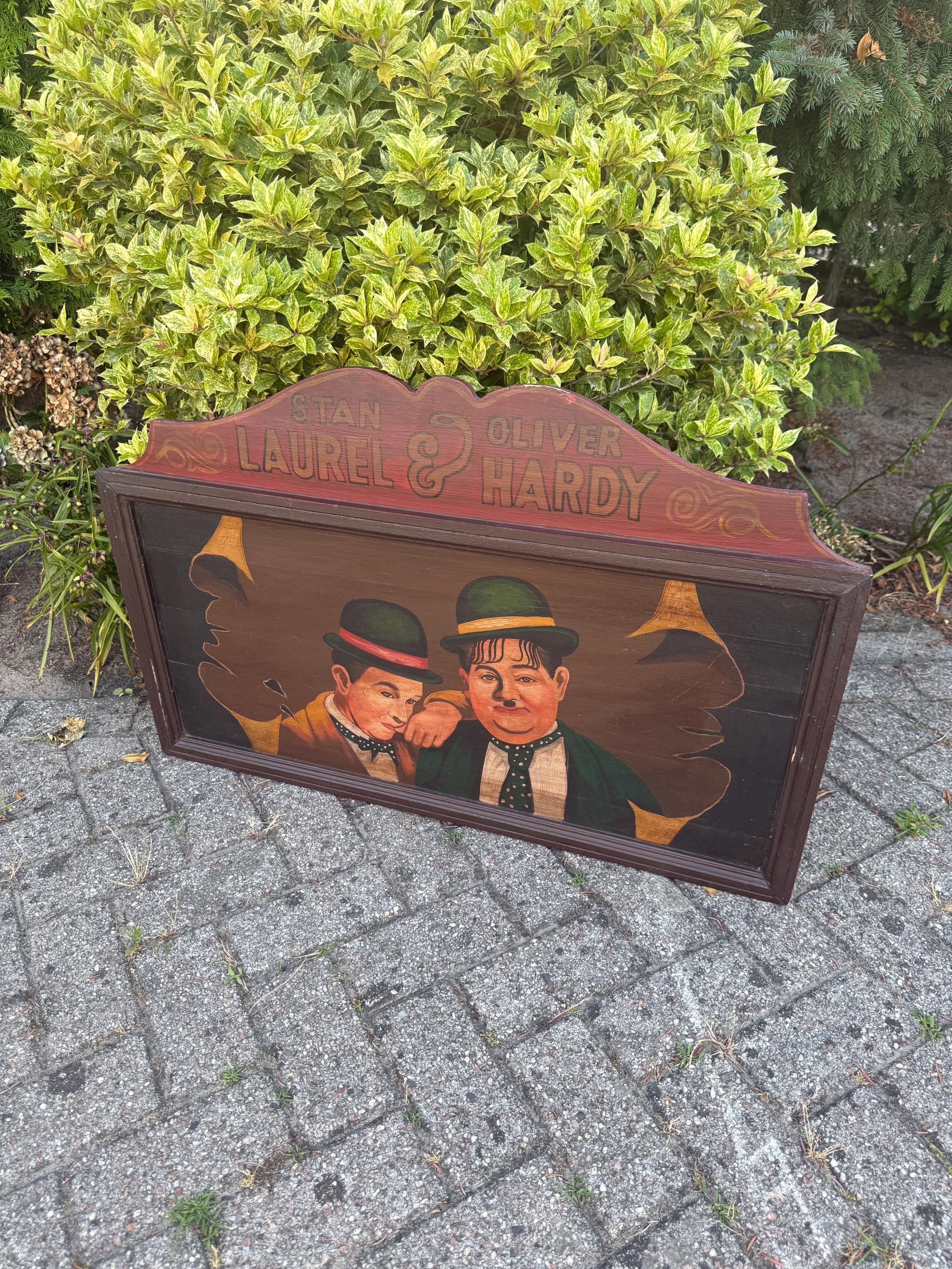 Vintage Laurel & Hardy Wooden Wall Plaque, Large Hand-painted Sign