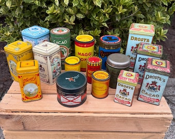 Vintage Metal Food Tins Collection, Dutch Advertising Cans And Jars, Droste Cacao Maggi De Gruyter Collectibles, Kitchen Storage Containers
