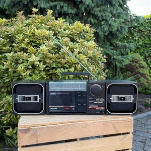 Vintage Philips Cubic Compo Radio, 1985 Austria Made, Black Chrome Design, Detachable Speakers, Cassette Not Working, Retro Audio Unit