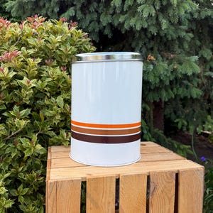 Vintage Brabantia Storage Canister, Large White Tin with Orange and Brown Stripes, Shiny Metal Lid, 1970s Dutch Kitchen Container