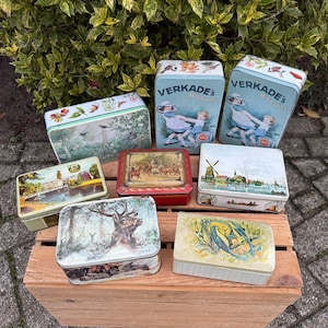 Vintage Illustrated Metal Tin Collection Holland, Decorative Biscuit Boxes Dutch Storage Set Kitchen Display Decor