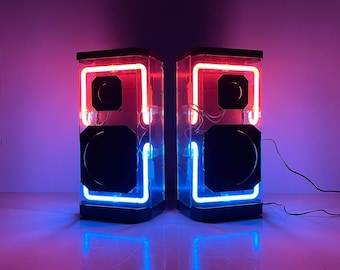 Vintage Cicena Neon Speakers, Billie Jean Audio Speakers uit de jaren 80, Roze en Blauwe Neon, Zeldzame Vintage Tech