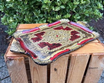 Vintage Florentine Ashtray, Italian Gilt Red Gold Tray, Hand Painted Wood Ashtray, Hollywood Regency Decor, Barware Collectible