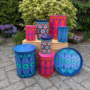 Vintage Tomado Canisters and Tray, 60s 70s Flower Power Kitchen Tins, Dutch Psychedelic Storage Set, Retro Colorful Tin Decor