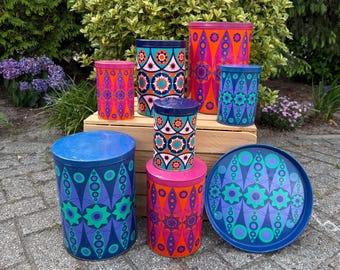 Vintage Tomado Canisters and Tray, 60s 70s Flower Power Kitchen Tins, Dutch Psychedelic Storage Set, Retro Colorful Tin Decor
