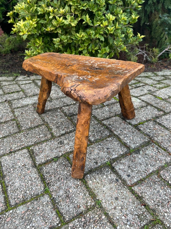 Brutalist Plant Table, Seventies Vintage Side Table, Natural Wood Hand Carved, Natural Colors Interior, Mid Century Furniture