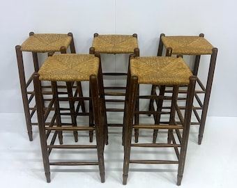 1 of 5 Vintage Bar Stools, Farmhouse Style Furniture, Woven Rattan Seats, Homebar Kitchen Stools, Oak Wood Chairs