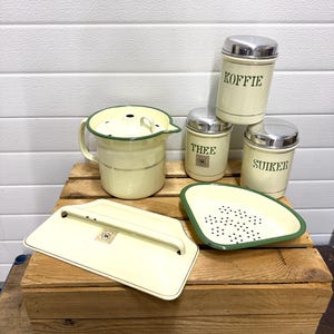 Vintage Brabantia Enamel Kitchen Set, Coffee Tea Sugar Canisters, Dutch Mid Century Cookware Storage Collection