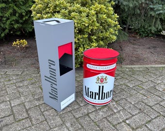 Vintage Marlboro Metal Bin Ashtray, Red Advertising Storage Barrel Seat
