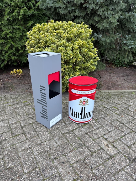 Vintage Marlboro Metal Bin Ashtray, Red Advertising Storage Barrel Seat