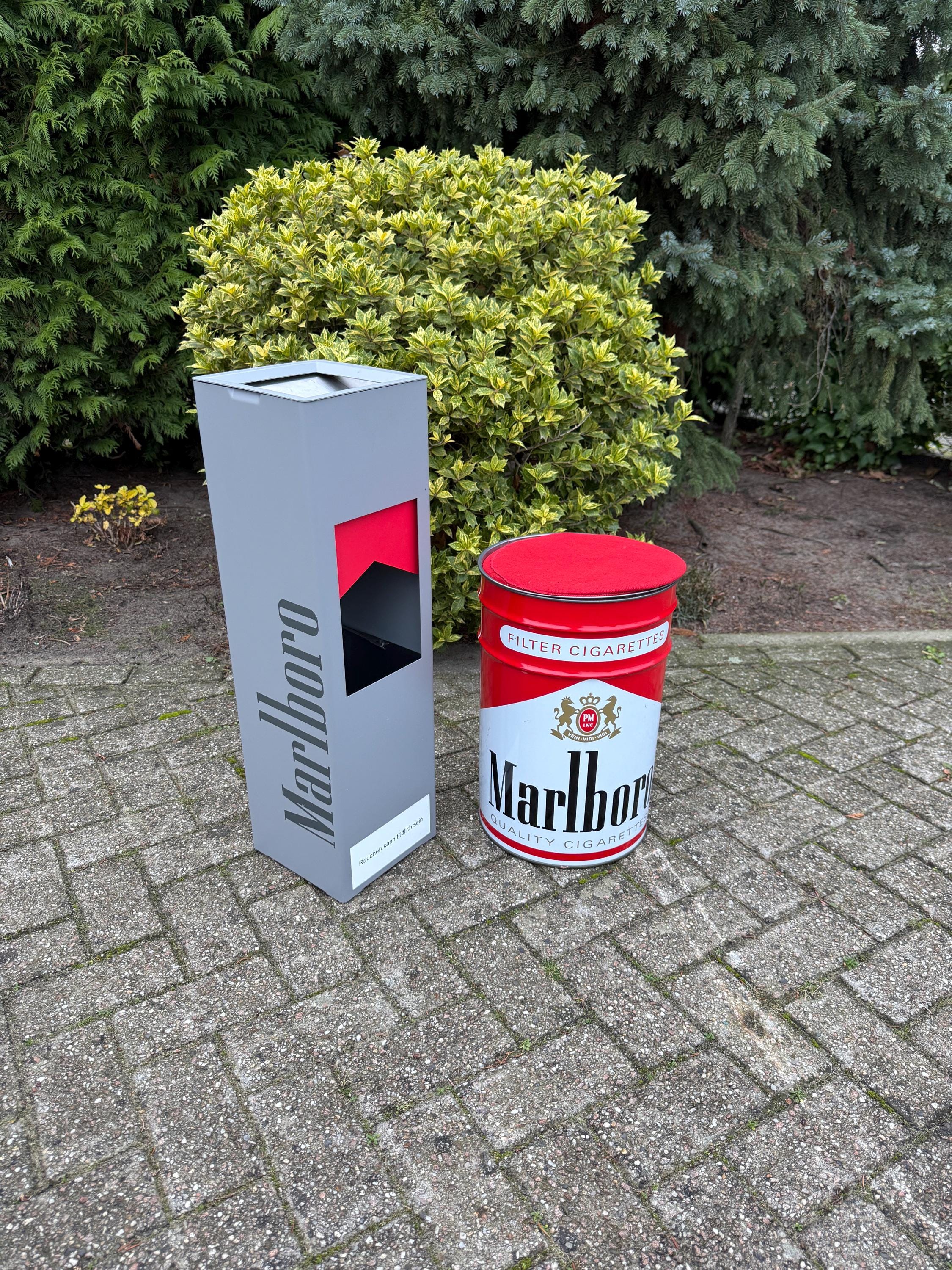 garden cigarette bin Vintage Marlboro Metal Bin Ashtray, Red Advertising Storage Barrel Seat