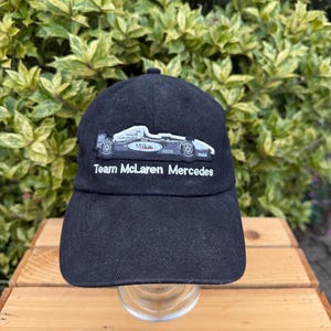 Vintage McLaren Mercedes F1 Cap, Black Racing Hat with West Sponsor & Car Graphic, Formula 1 Team Gear, Adjustable Fit