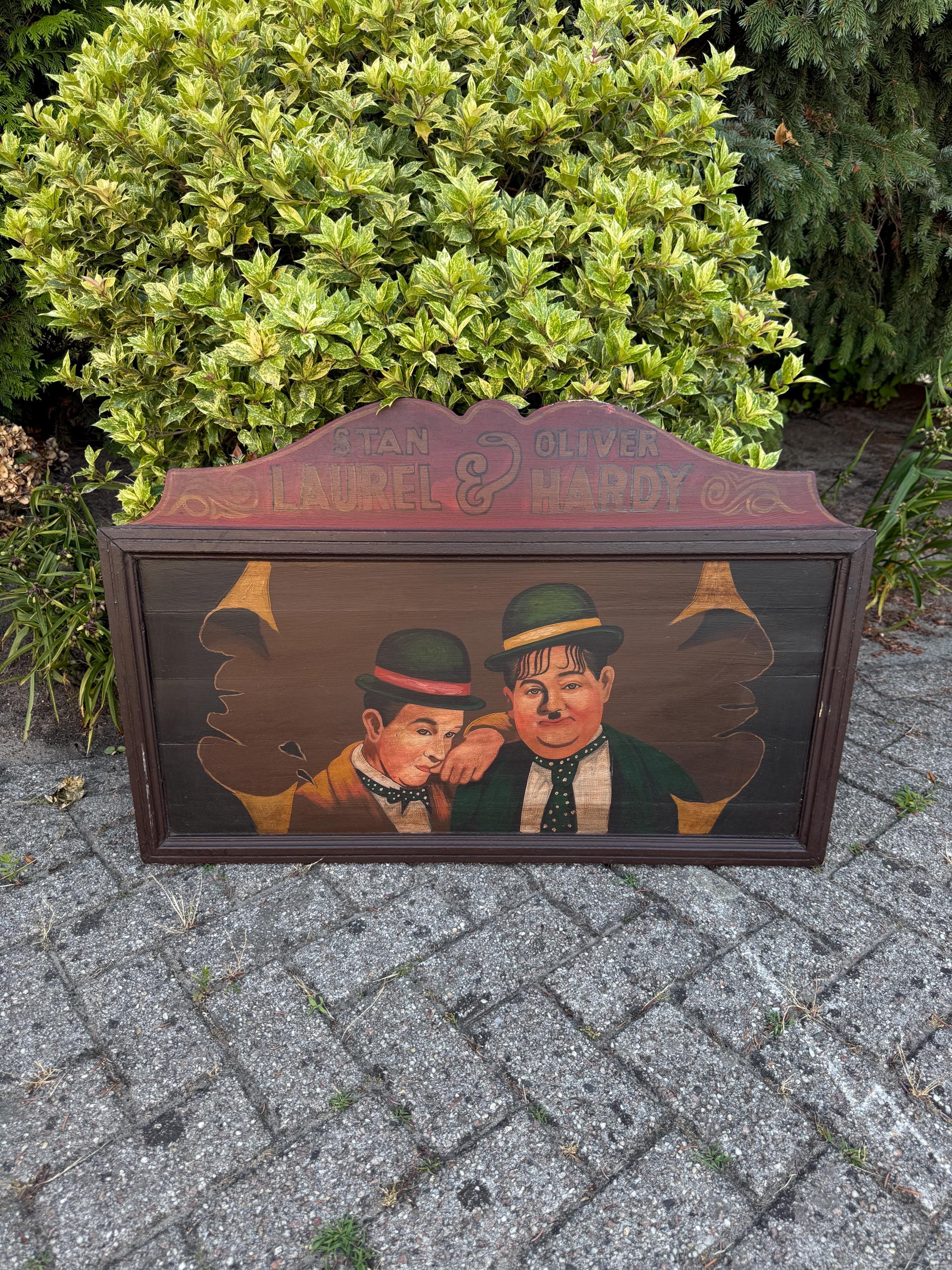Vintage Laurel & Hardy Wooden Wall Plaque, Large Hand-painted Sign
