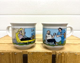 Suske Wiske Mug Pair, Belgian Comic Porcelain Drinkware, Studio Vandersteen 1990s Collectors Series