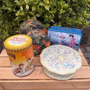 Vintage Metal Storage Tin, Dutch Advertising Cookie Can, Floral Box, Collectible Decorative Canister, Sold Separately